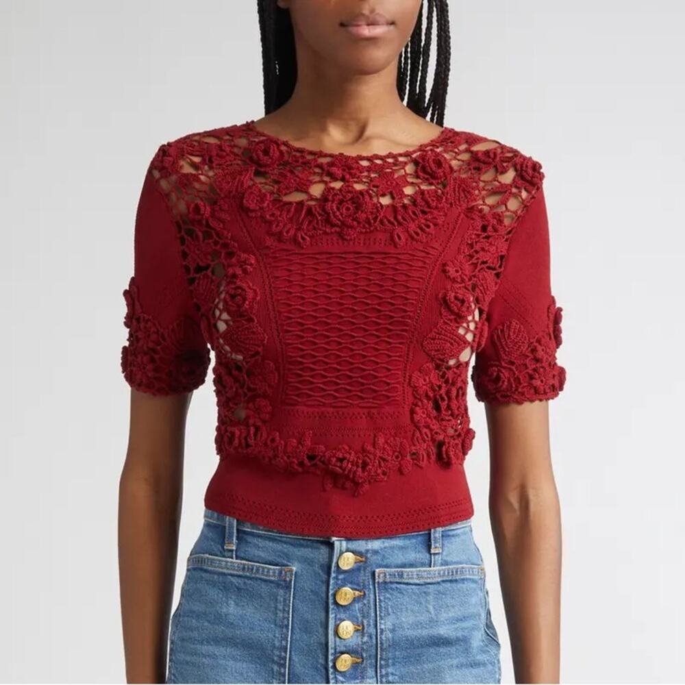 Ulla Johnson Stella Crochet Lace Knit Top in Begonia Red L